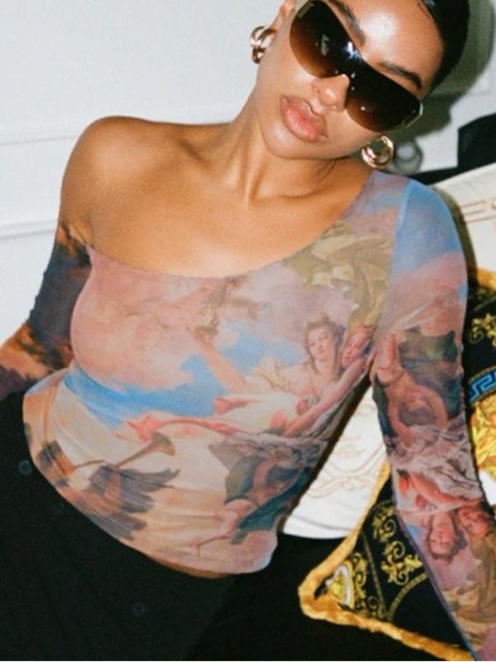 Sheer Renaissance Print Off-Shoulder Long Sleeve Top - Princess Polly